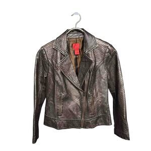 V Cristina Snake Embossed Faux Leather Moto Jacket Size M Brown Gold Zip Front